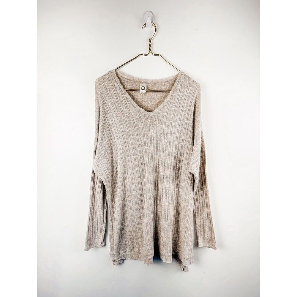 Anthropologie Akemi + Kin Oatmeal Color V-Neck Top Long Sleeve Ribbed  Tunic